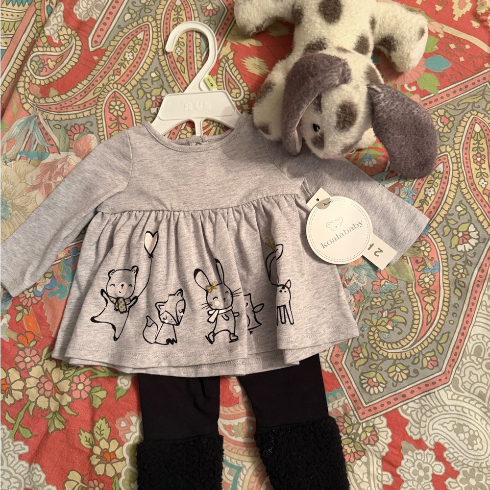 Gray top with bunnies and black bottom Set and Stuffed Bunny 0-3mo NWT